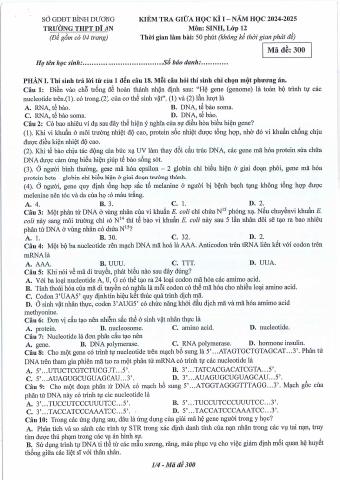 Đề thi Giữa kì 1 Sinh học 12 năm 2024-2025 trường THPT Dĩ An (Bình Dương)